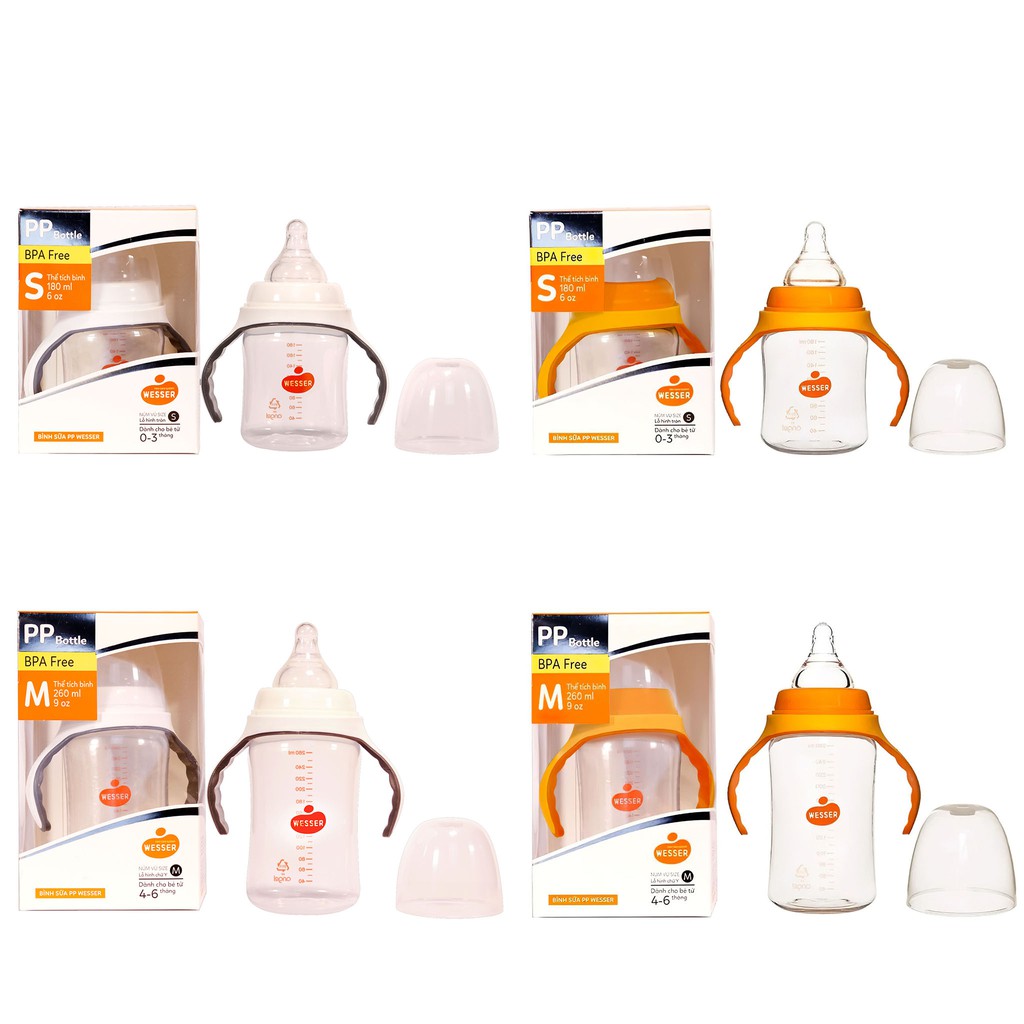 Bình Sữa Wesser Cổ Rộng PP Mẫu mới ( viền cam ) 180ml - 260m