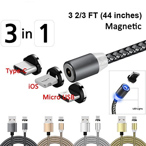 Cáp sạc từ hút nam châm đầu iphone, đầu type c và micro usb 360 độ dây dù,có led cao cấp - trọn bộ dây sạc từ hít nam châm tròn 360 độ + 3 đầu dành cho iphone ios, micro android, type-c