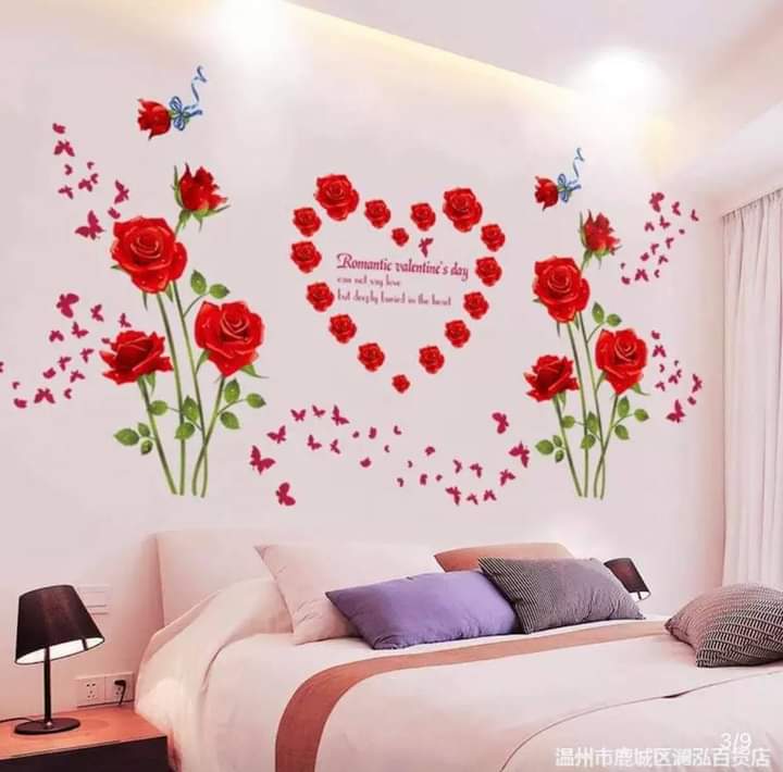 Decal dán tường đôi hoa hồng nhung đỏ