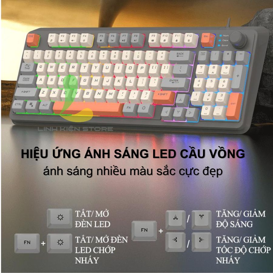 Bàn phím giả cơ gaming XUNFOX K82 - Bàn phím chơi game thiết kế 94 phím có đèn led 7 màu kèm theo nút vặn âm lượng