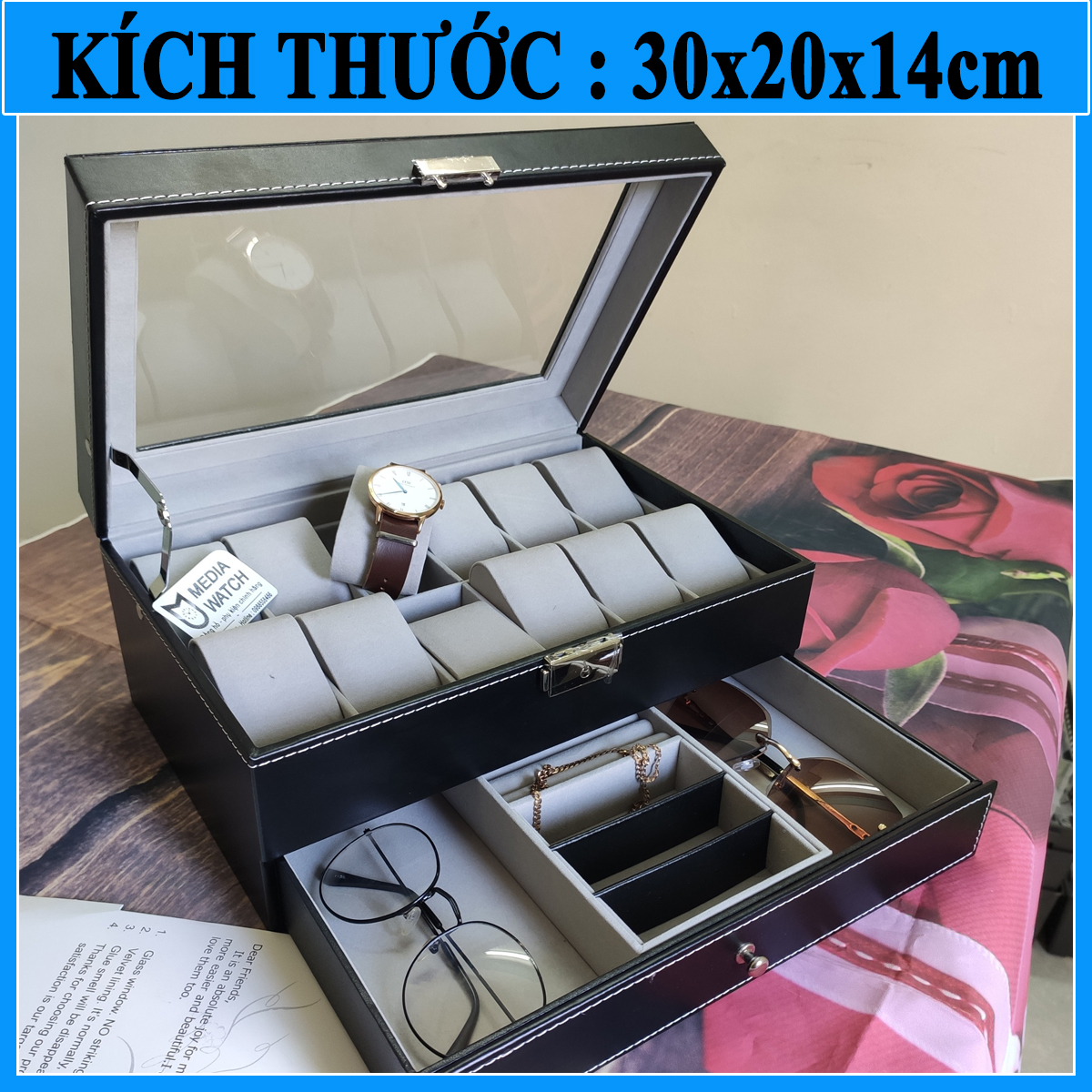 Hộp đựng đồng hồ và trang sức 2 tầng, Hộp đựng đồng hồ 12 ngăn và trang sức