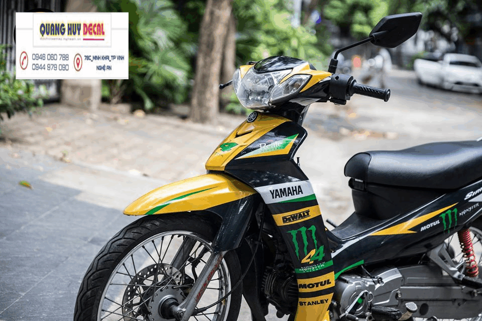 Tem trùm xe sirius vàng đen mosvitar chế đẹp - Tem xe máy sirius vàng đen mosvitar thiết kế theo yêu cầu - tem trùm xe sirius chế đẹp và rẻ chất