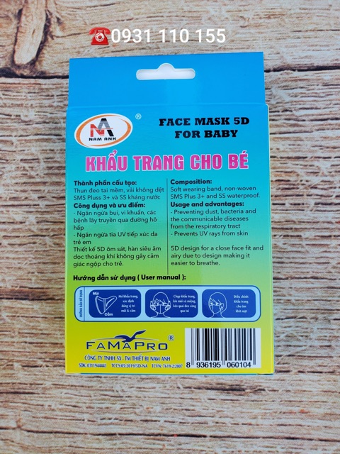 Hộp 10 cái khẩu trang y tế 5D Mask em bé Nam Anh Famapro xanh, trắng