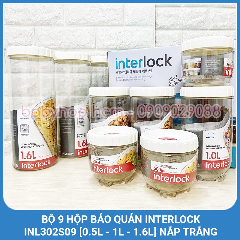 Bộ 9 Hộp Bảo Quản Lock&Lock Interlock Inl302S9 [0.5L - 1L - 1.6L] (Nắp Trắng)