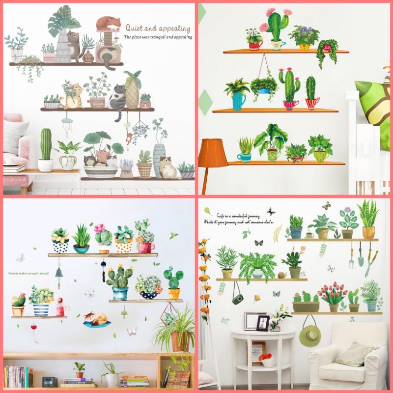 [ nhiều mẫu] Decal dán tường chậu cây trên kệ