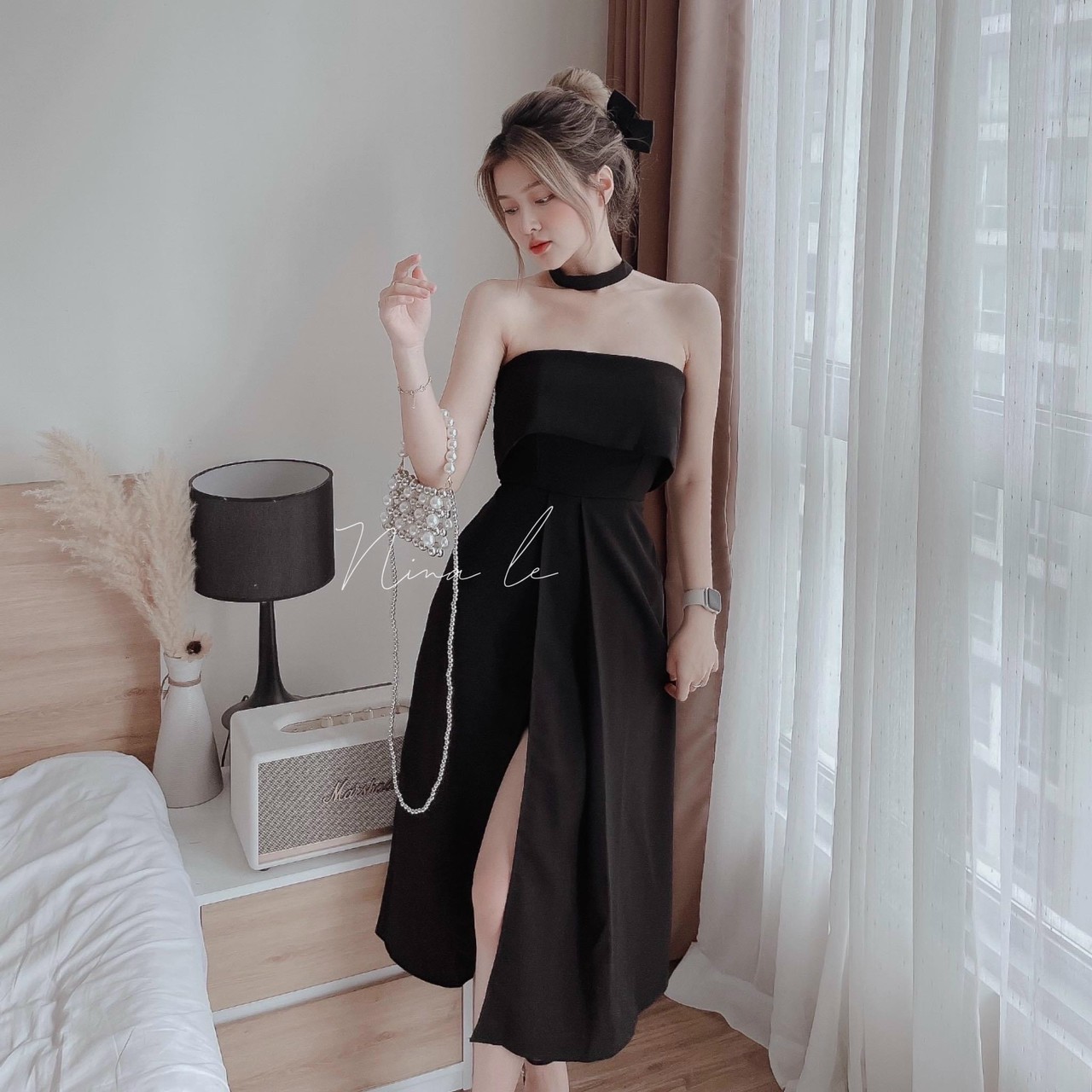 Váy đầm nữ cúp ngực (có mút) xếp ly eo xẻ tà (có lót quần, kèm vòng cổ) cực đẹp