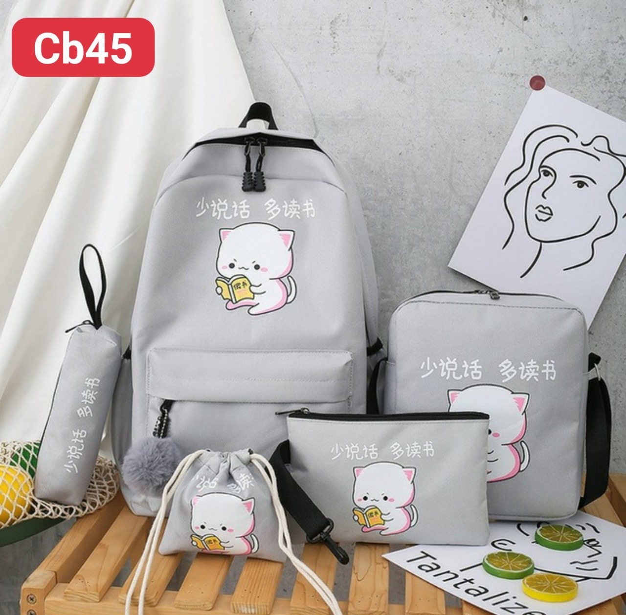 SET BALO NỮ 4 MÓN MÈO ĐỌC SÁCH CÀU NHÀU
