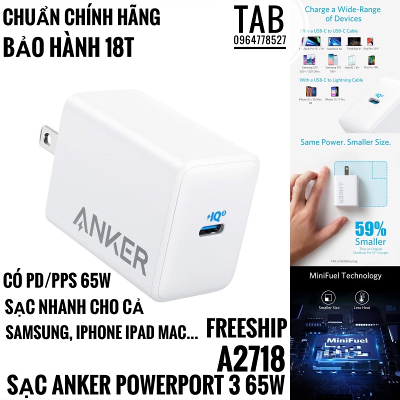 Củ Sạc Anker PowerPort 3 65W IQ 3.0 và PD/PPS - A2718 (Bảo Hành 18T)