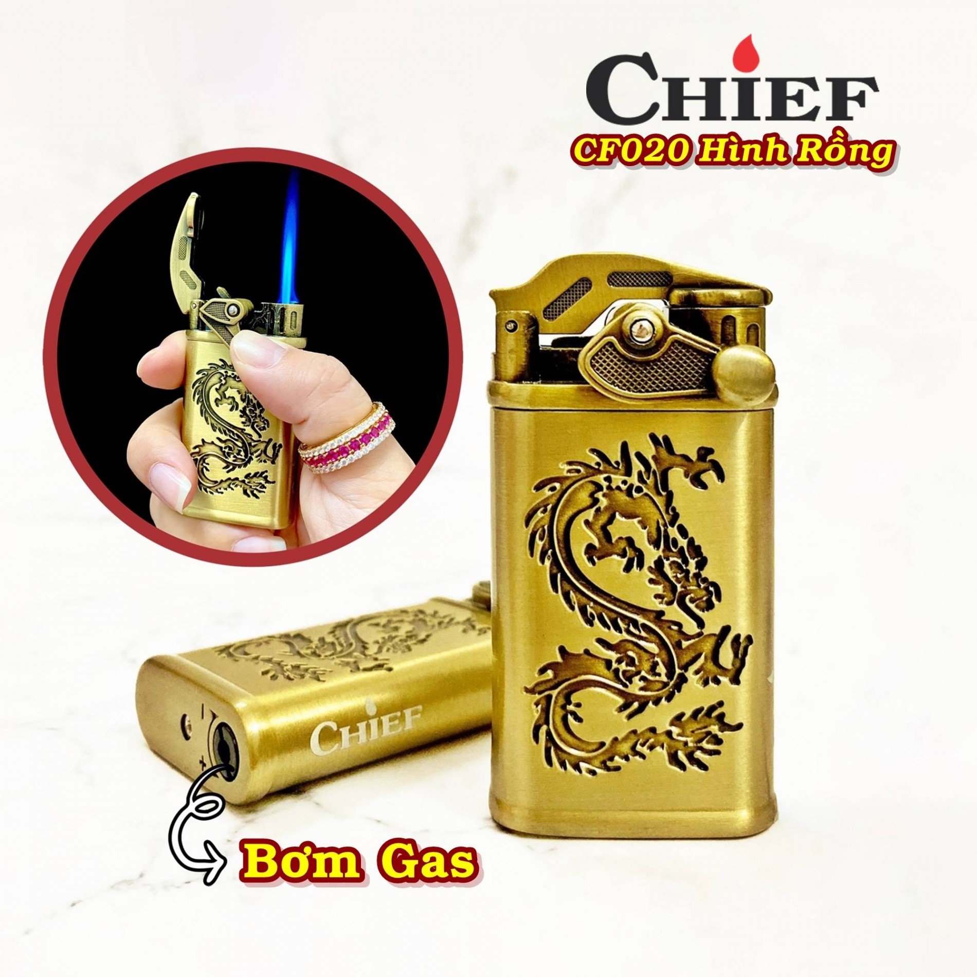 Hột quẹt - bật lửa chief búng tay đánh lửa độc lạ khắc nổi hình rồng jenshop