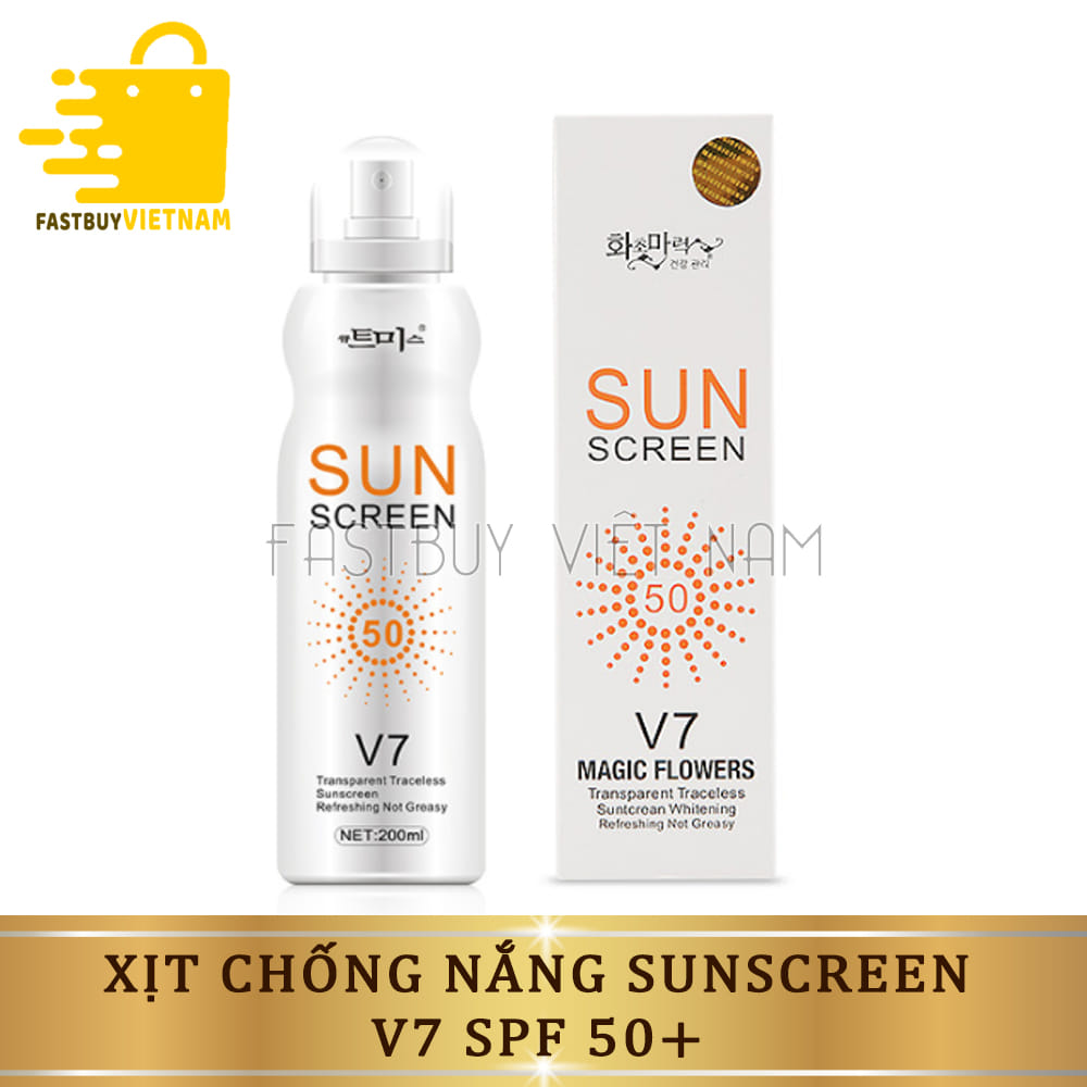Kem Chống Nắng Toàn Thân Dạng Xịt SPF 50+ Sun Screen V7 Hàn Quốc 180ml Không chảy, không bết dính, không vón cục, không gây bóng nhờn, Chống nắng hiệu quả nhưng không hề để lại dấu vết trên da.
