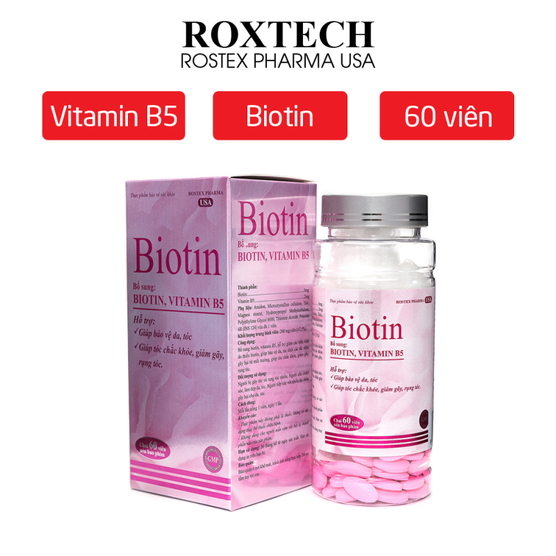 Viên uống Biotin 5mg, Vitamin B5 giúp tóc chắc khỏe, giảm gãy rụng tóc, bảo vệ da tóc - Chai 60 viên
