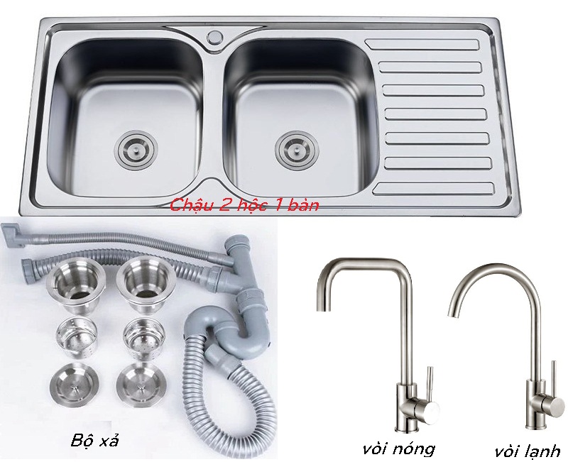Chậu rửa chén chậu rửa bát inox 304- 2 hộc - 1 bàn