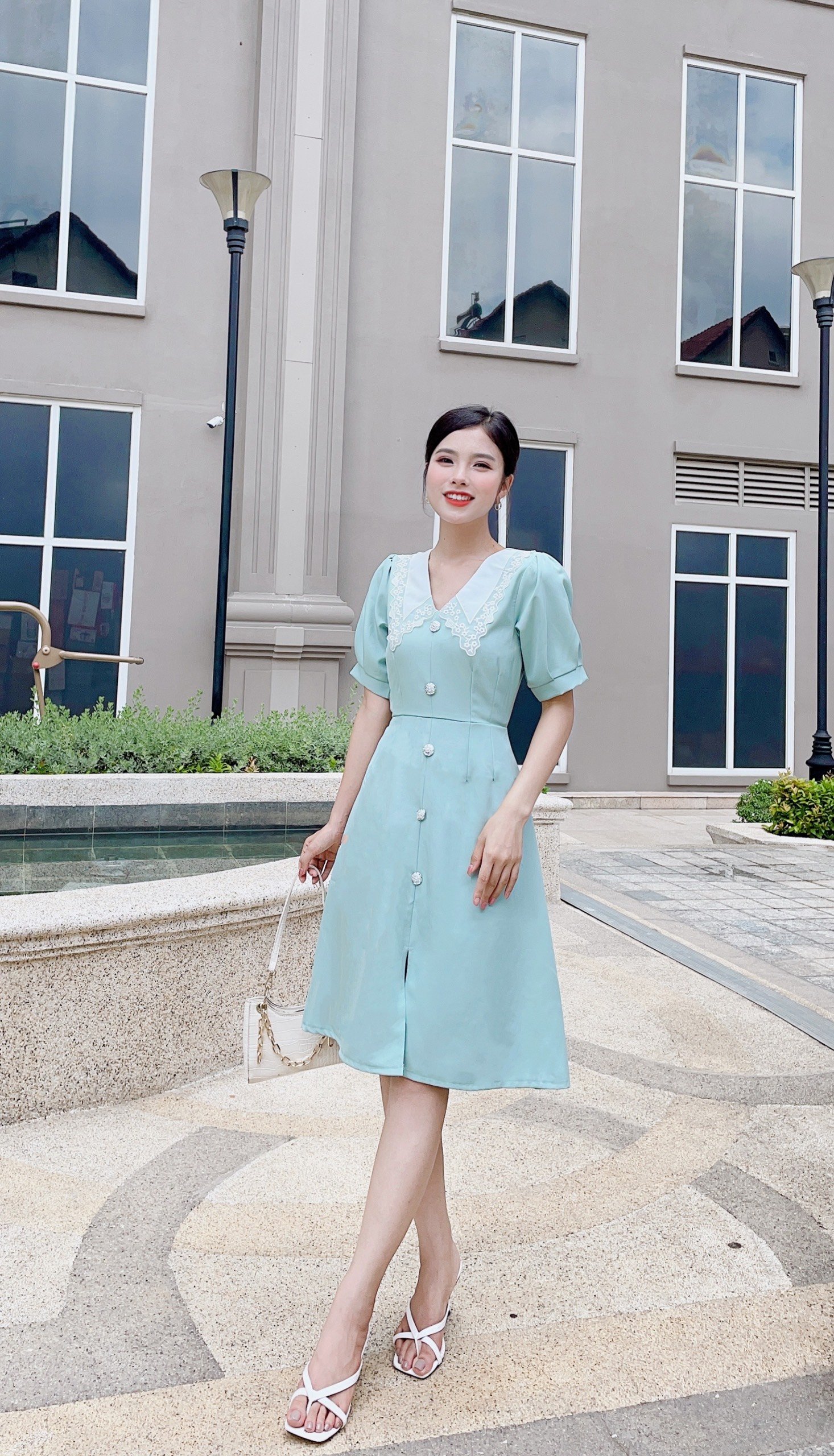 Đầm xòe chữ a cổ v phối ren đính nút duyên dáng dealpho k105 size m-xxl