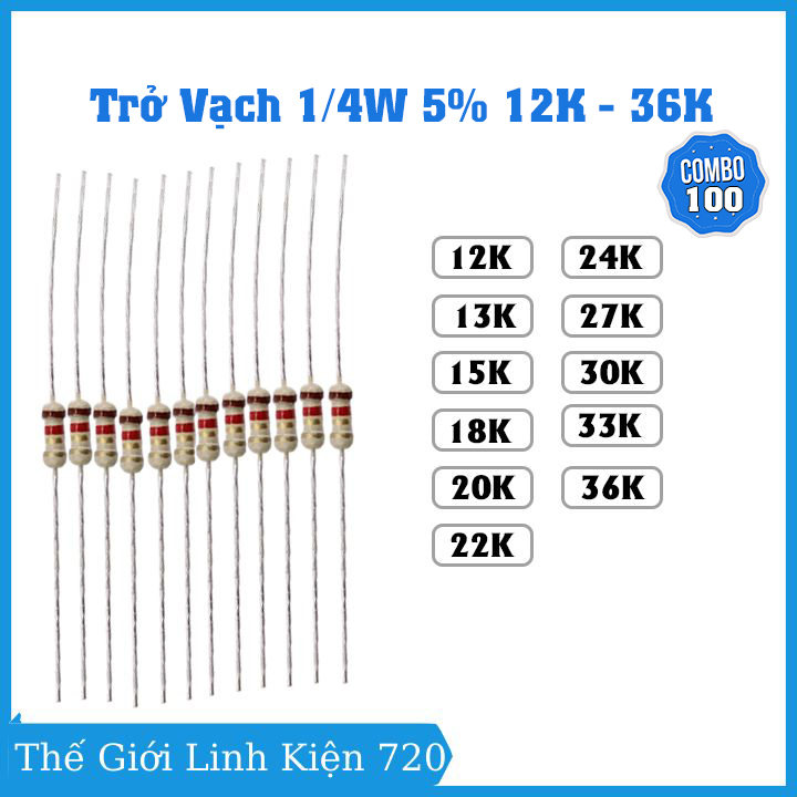 Gói 100 con trở vạch 1/4w 5% giá trị điện trở từ 12k - 36k