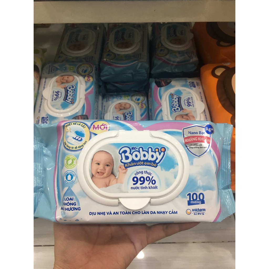 Khăn ướt trẻ em Bobby không mùi gói 100 tờ (Mua 1 tặng khăn Fressi)