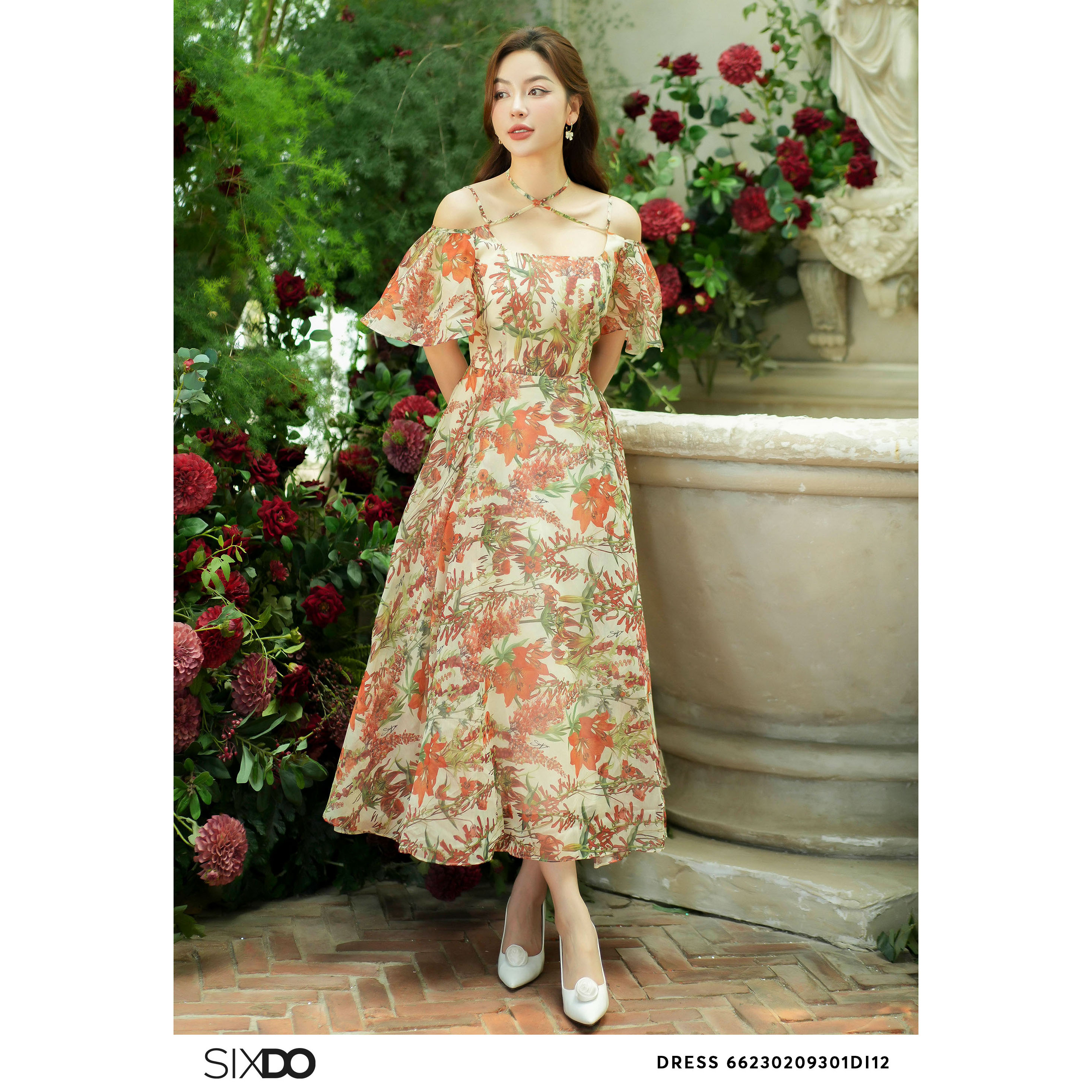 Đầm tơ hoa trễ vai SIXDO (Green Nuggets Floral Off-shoulder Midi Dress)