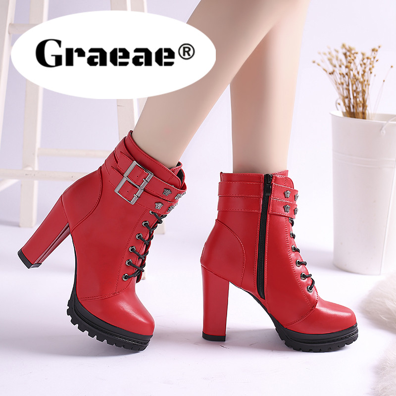 GRAEAE Giày boot nữ cổ điển đa năng mũi tròn gót siêu cao khóa kéo thời