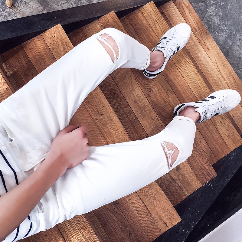 [HCM]Quần jean trắng rách gối