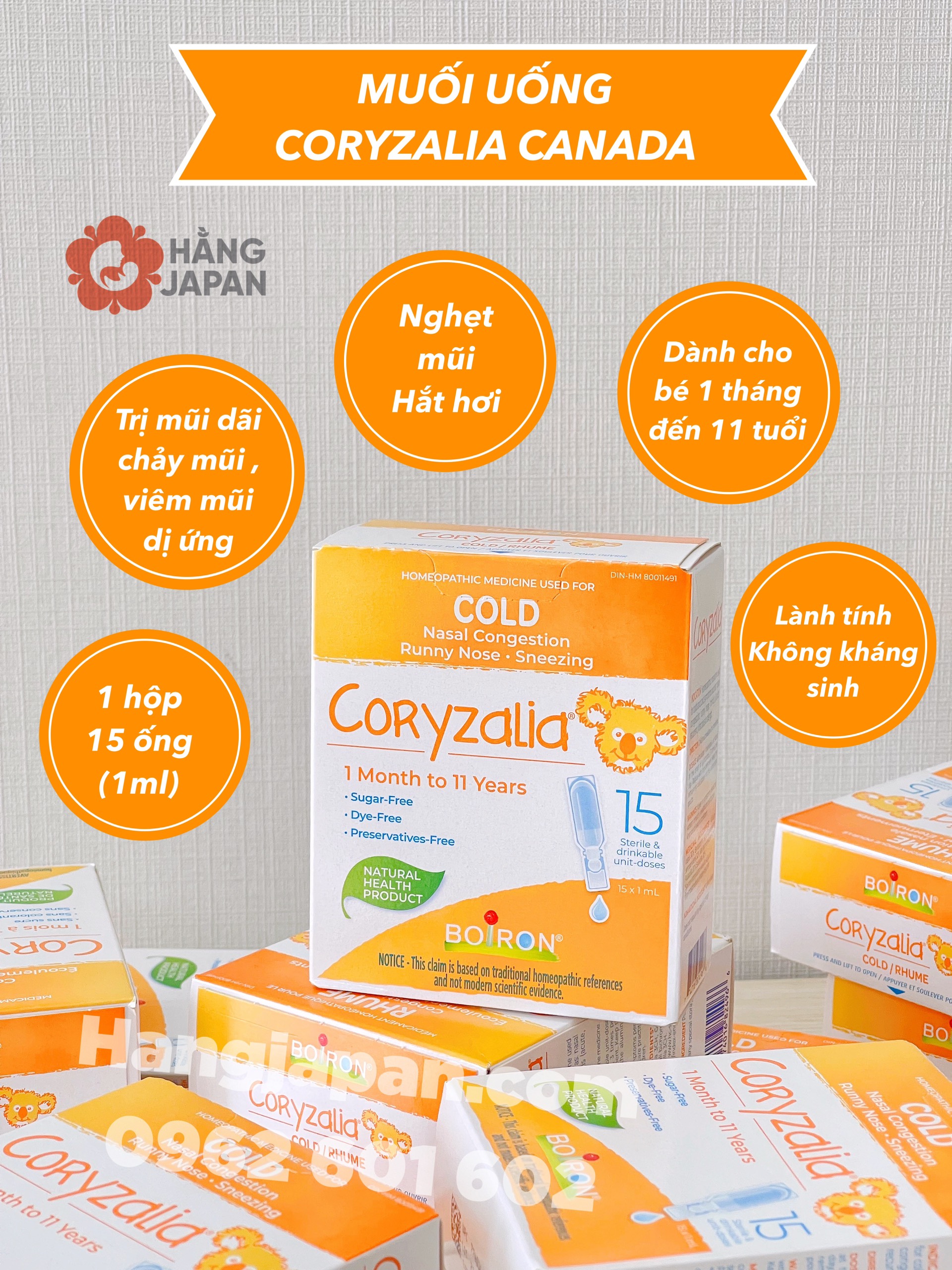 Muối uống vi lượng Coryzalia Canada hộp 15/30 tép cho bé nghẹt mũi, sổ mũi, chảy nước mũi - Chính Hãng