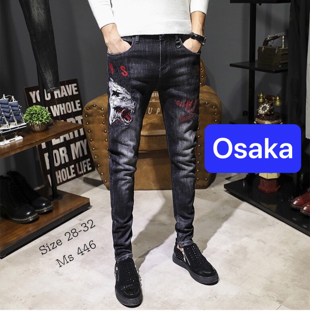 QUẦN JEAN NAM CHẤT BÒ ĐEN THÊU ĐẦU SÓI SÀNH ĐIỆU NHẬT BẢN OK-446 - OSAKA FASHION