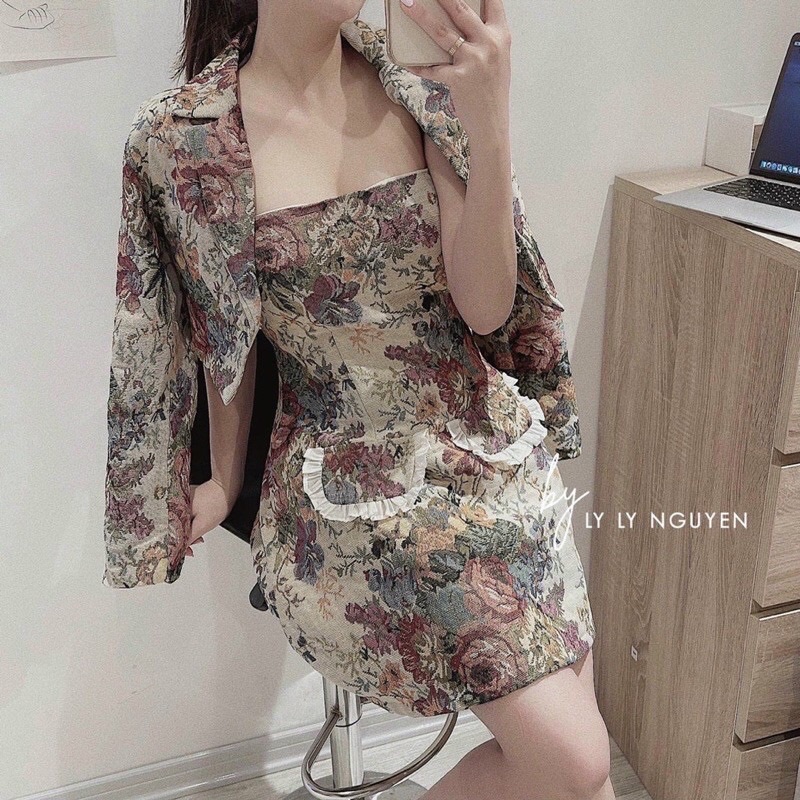 Set đầm 2 dây gấm hoa kèm áo khoác