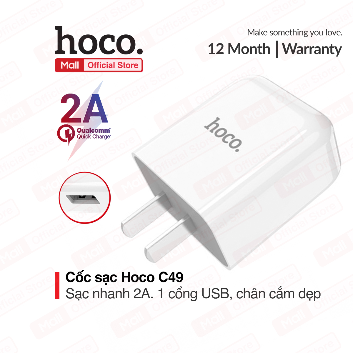 Củ sạc nhanh Hoco C49 sạc nhanh 2A 1 cổng sạc USBchân cắm dẹp tương thích với nhiều dòng điện thoại