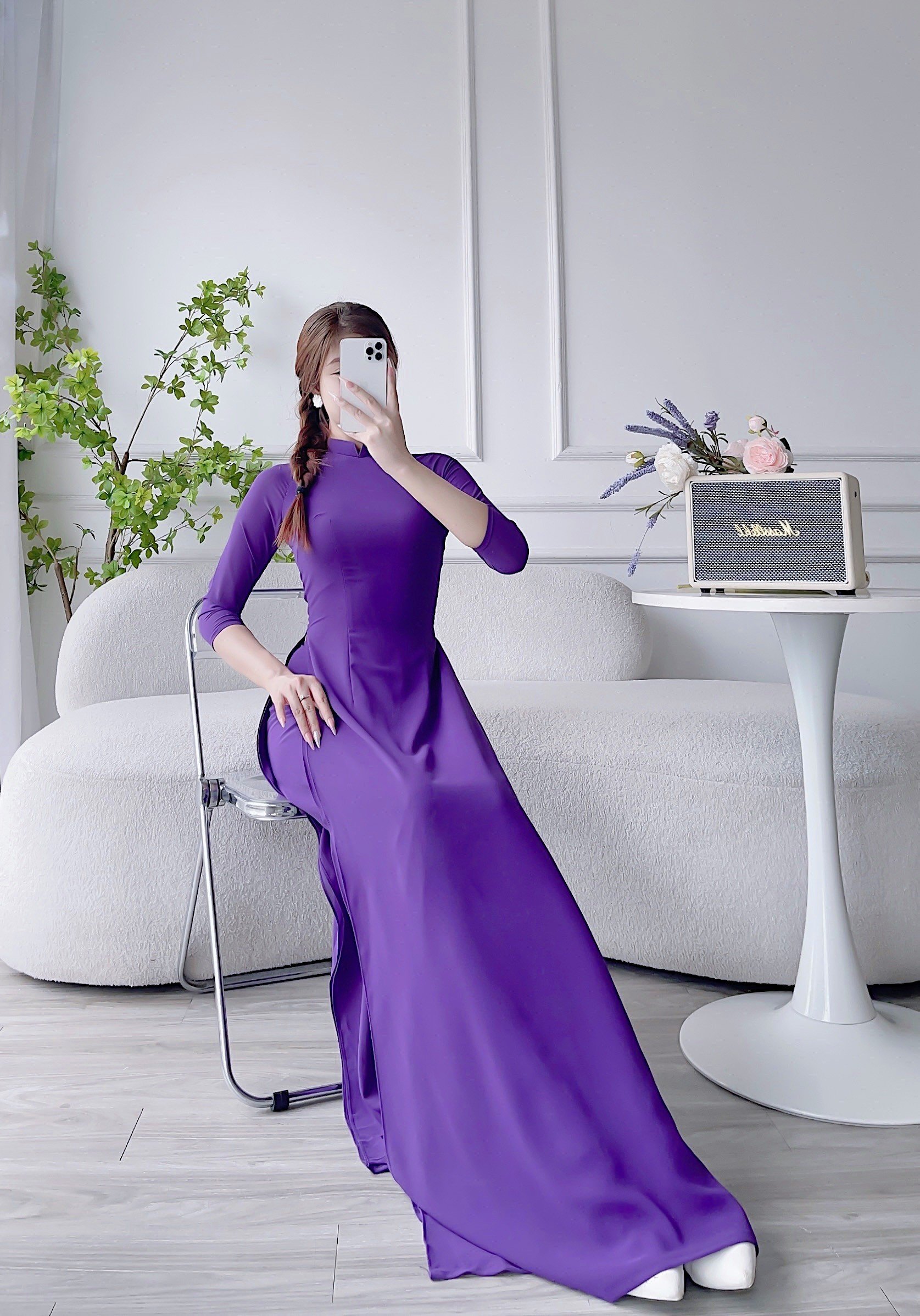 Áo dài, áo dài trơn tím huế 4 tà cao cấp áo dài truyền thống đủ size từ 40-70kg MÃ T23