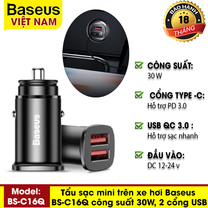 Tẩu sạc mini trên xe hơi Baseus BS-C16Q công suất 30W, 2 cổng USB