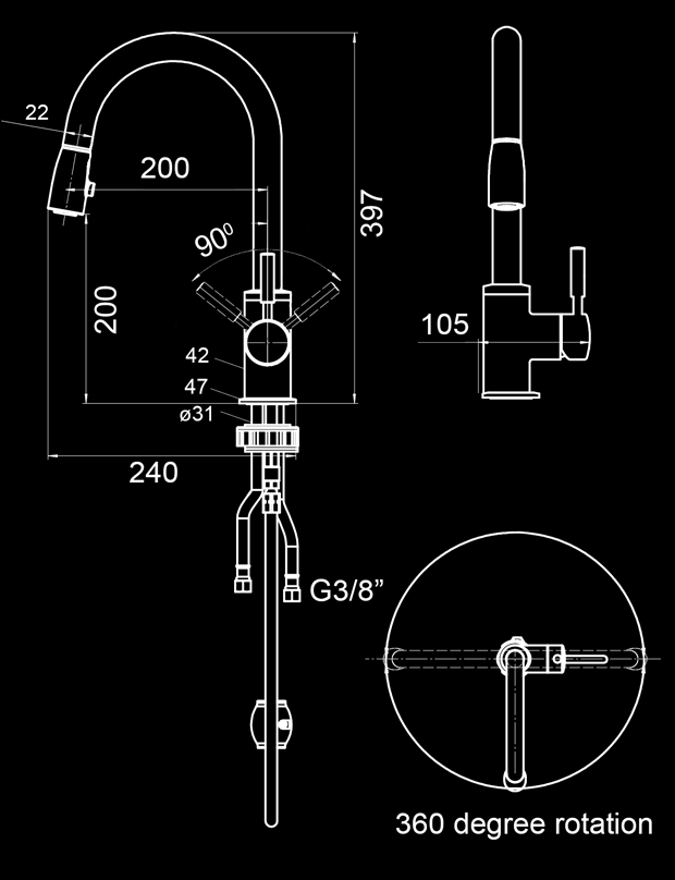 Vòi rửa bát nóng lạnh Pulldown Spray ZT5509-polished (Dây rút)