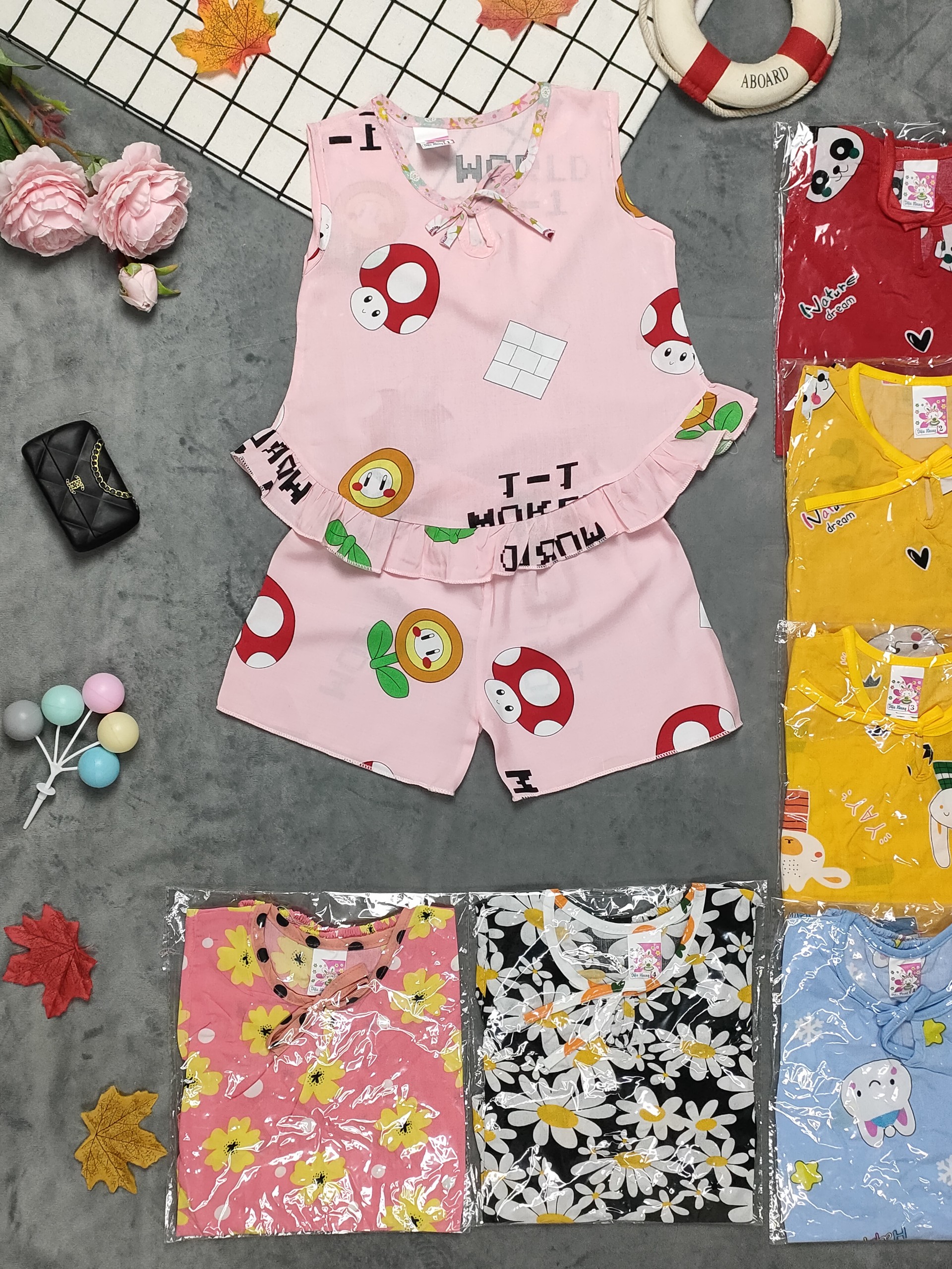 (3 bộ 3 màu 3 họa tiết khác nhau) Combo 3 Bộ Tole Hai Dây Bé (6-14kg)