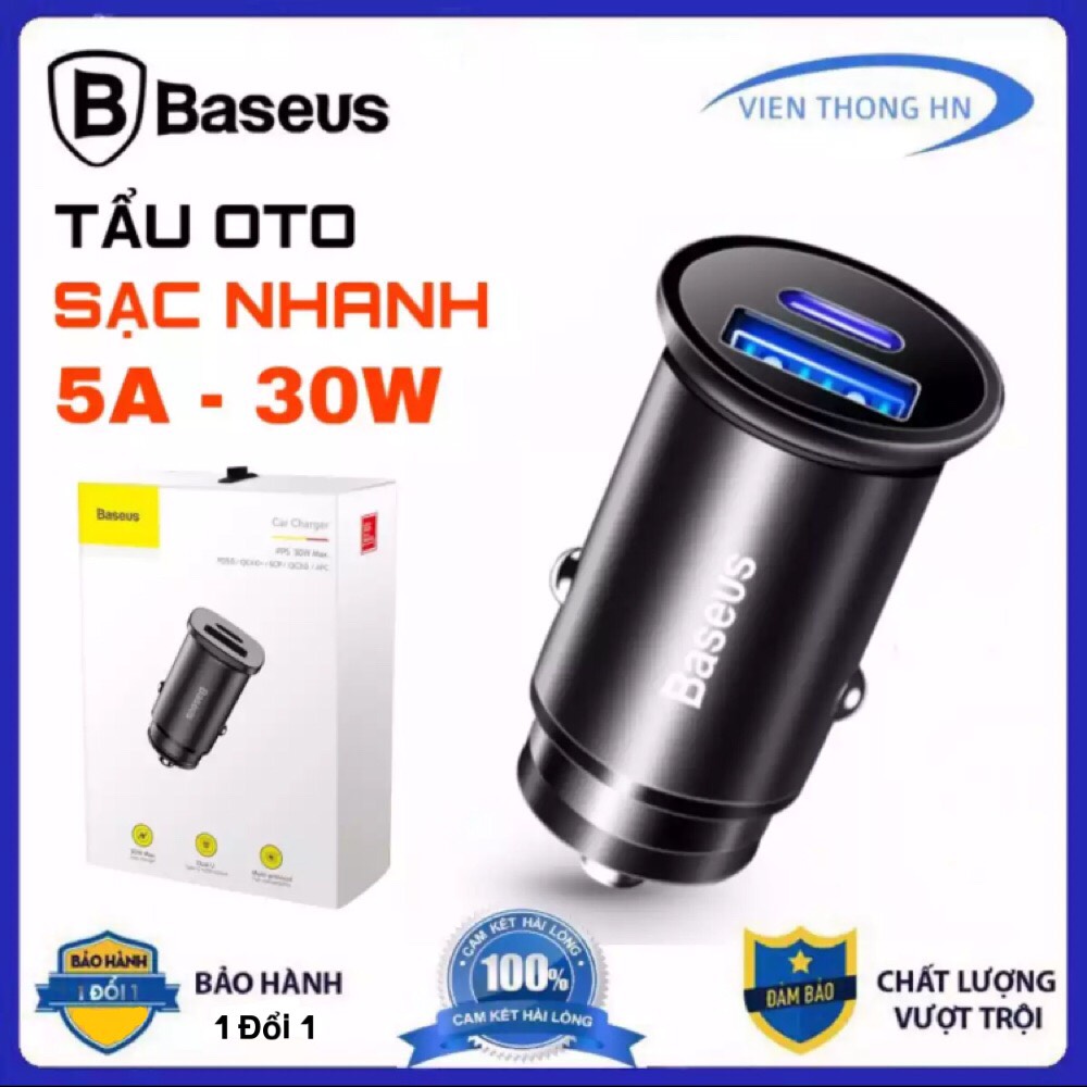 Tẩu sạc nhanh oto Baseus 2 cổng 30w pd 3.0 qc4.0 5a - củ sạc có led quick charge 3.0 ô tô - cốc sạc xe hơi chống cháy nổ