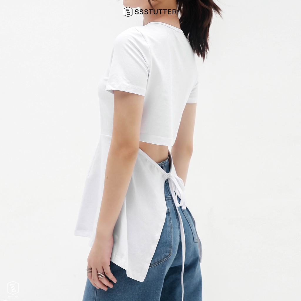 Áo thun nữ SSSTUTTER chất cotton Hàn thoáng mát kiểu chiết eo xẻ lưng tie-back tee