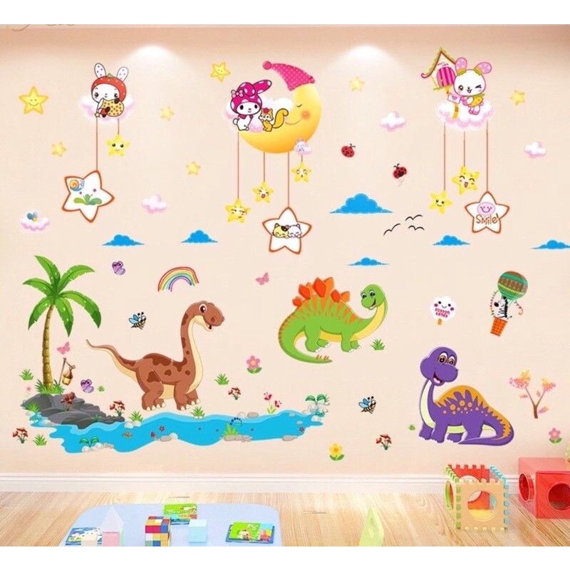 Decal dán tường trang trí phòng ngủ cho bé khủng long và trăng sao
