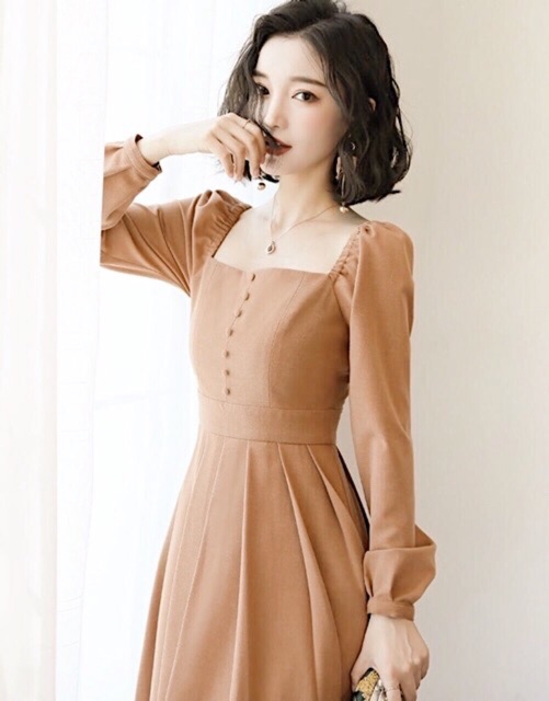 [HCM]Đầm tay dài cổ vuông 2 màu (kèm hình thật)