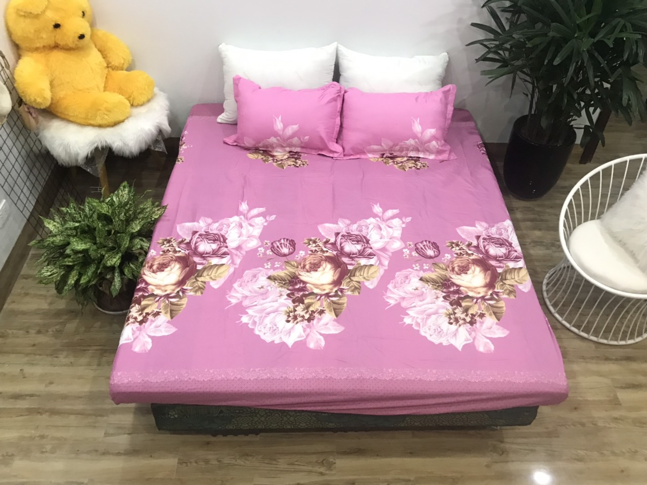 Set Ga Gối Cotton Poly Mẫu Trà Hồng p2 ( gồm 1 ga + 2 vỏ gối )
