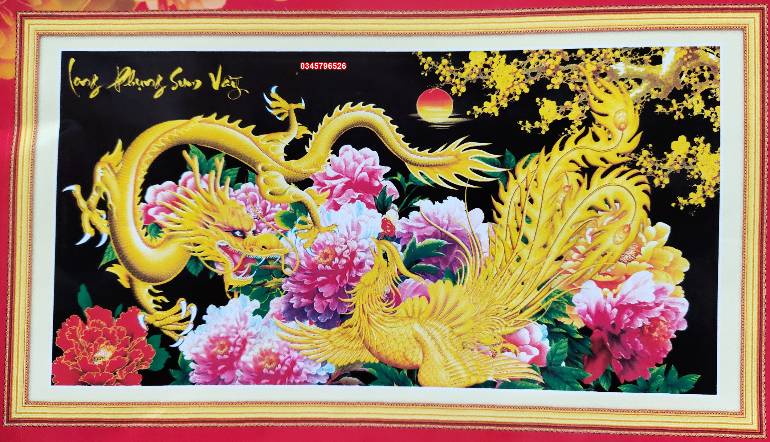 (tranh chưa thêu) Tranh thêu long phụng sum vầy nền đen mang lại may mắn cho gia chủ 150x80 cm