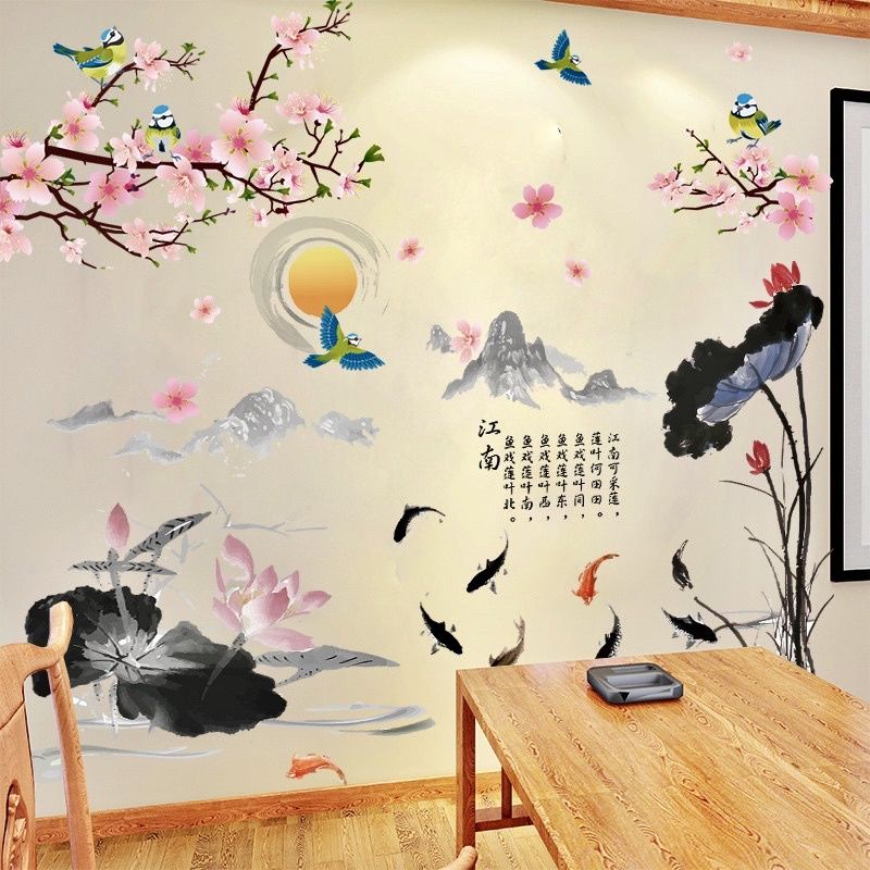 Decal dán tường cành đào và sen nghệ thuật