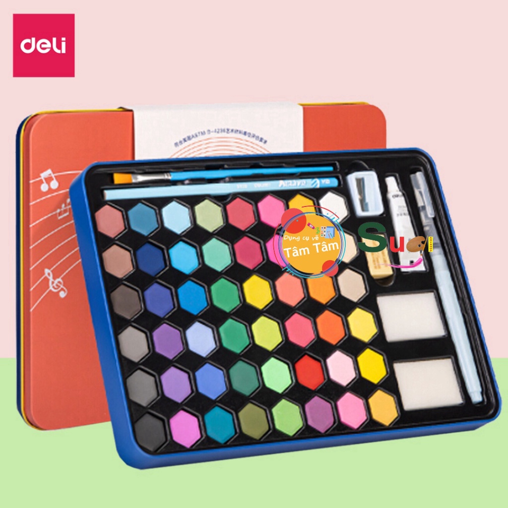 Bộ màu nước dạng nén kèm bộ 8 họa cụ chuyên nghiệp deli - 24/36/48 màu - solid water color
