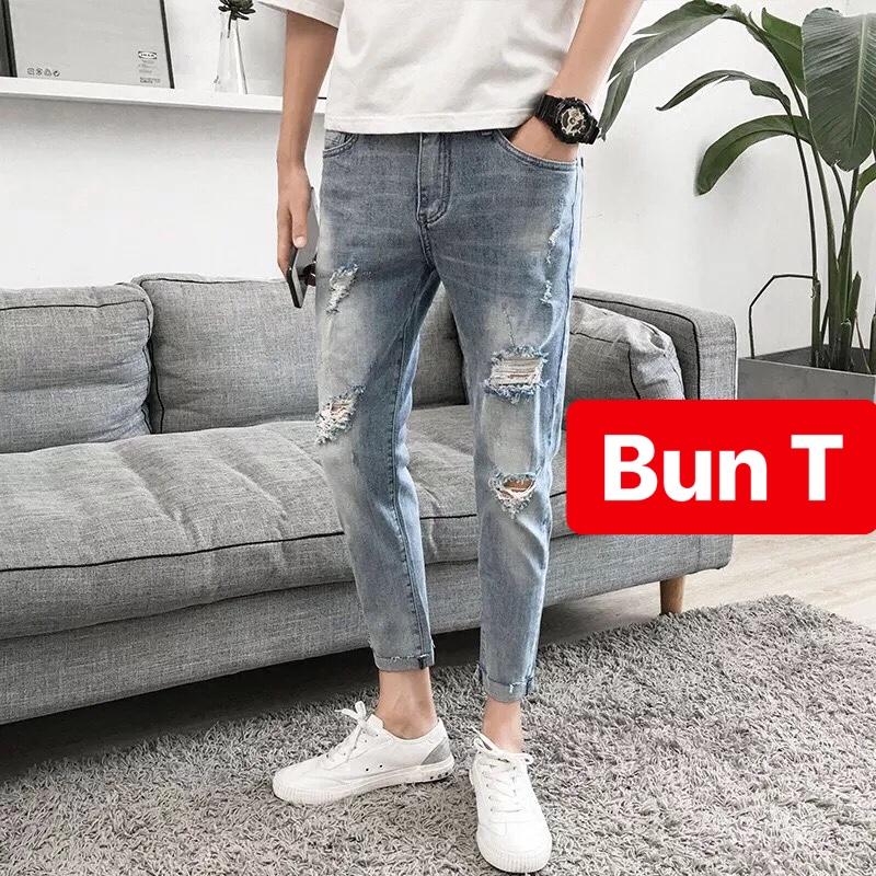 QUẦN BAGGY JEAN NAM CHẤT BÒ XANH CẠP RÁCH SANG TREND MỚI QUẢNG CHÂU TT-2606 TRANG BUN FASHION