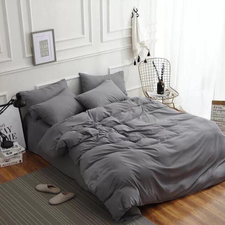 Bộ chăn ga gối phong cách Hàn Quốc basic ghi + ruột chăn hè thu