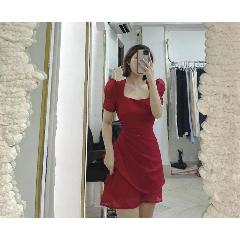 Đầm cổ vuông nhún eo oganza ( có bigsize )