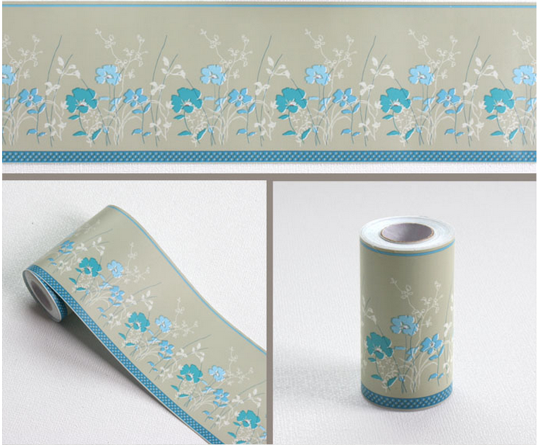 Cuộn 10m x 10cm Len Dán Viền Tường PVC có keo - viền bông hoa xanh YXA12