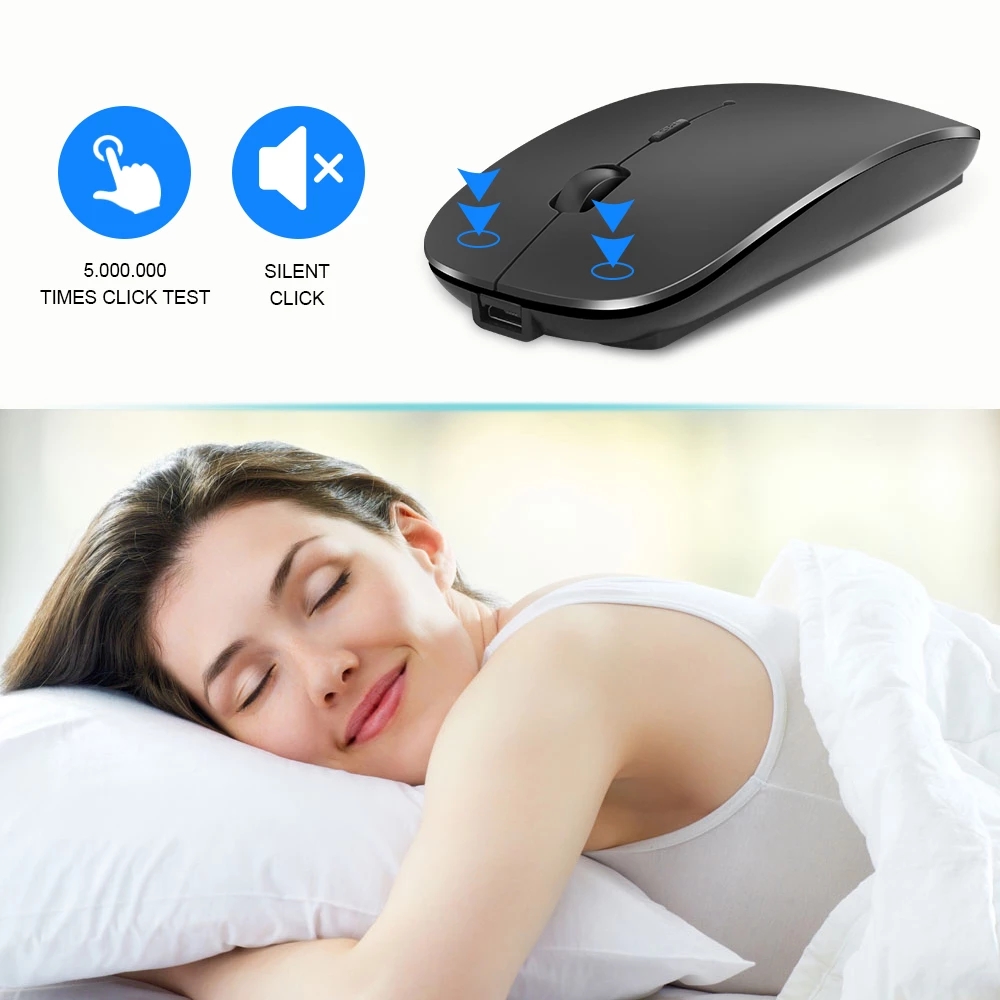 Super Slim 2.4G Wireless Silent Bluetooth Mouse 1600 DPI Optical Wireless Computer Mute Mice USB Receiver For PC Laptop Notebook（black)