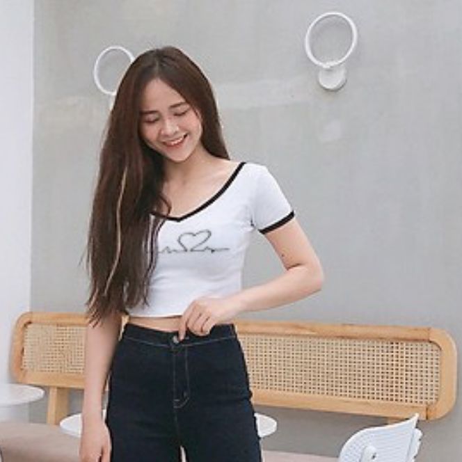 Áo thun kiểu viền kiểu thêu nhịp tim form dưới 50 kg