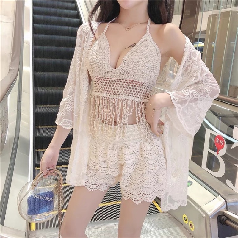 Ảnh shop chụp thật-áo bra len móc đi biển nhiều kiểu màu be