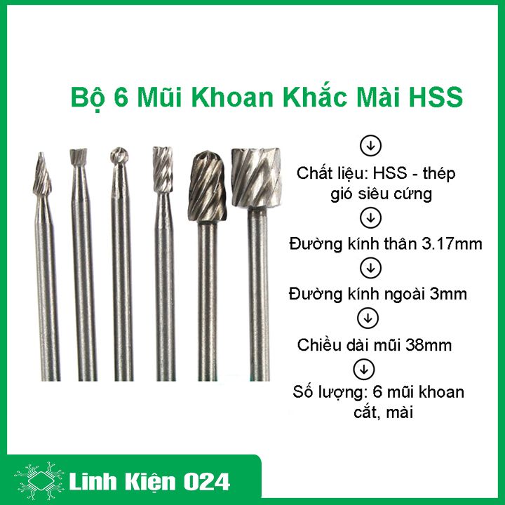 Combo 6 mũi khoan, khắc, mài HSS trục 3.17mm đa năng, cao cấp