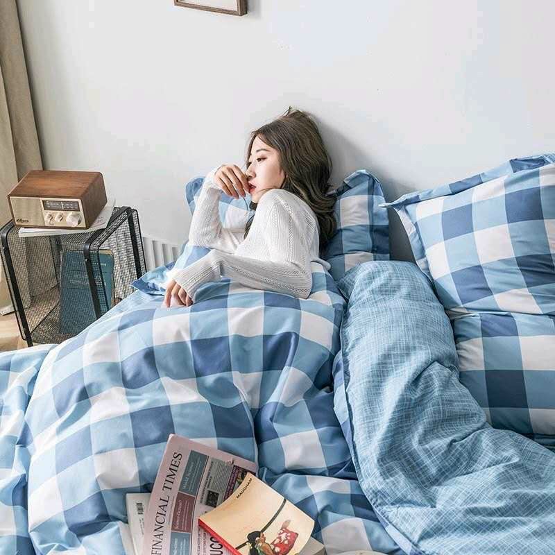 Bộ chăn ga gối phong cách Hàn Quốc caro xanh ngọc bo chun đủ kích thước.