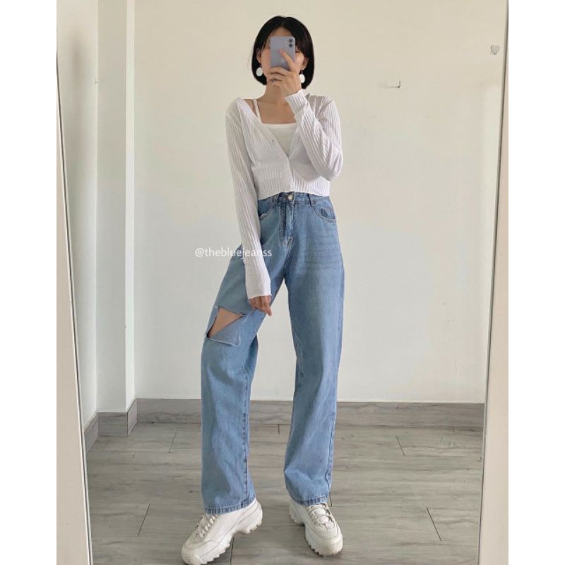 quần bò rách gối nữ cạp cao
