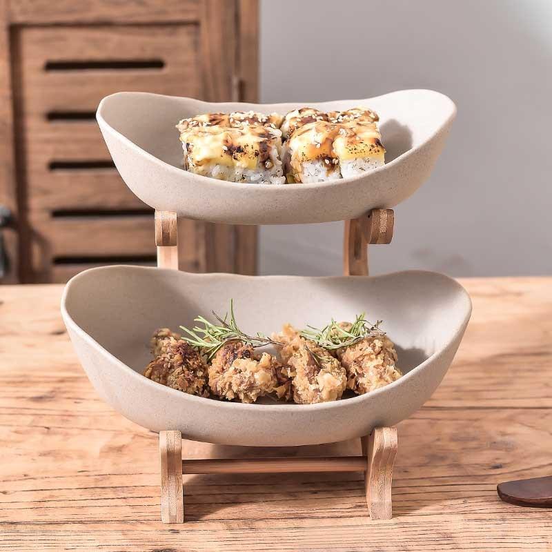 KHAY SỨ DẠNG 2 TẦNG ĐỰNG HOA QUẢ - MÀU NGÀ