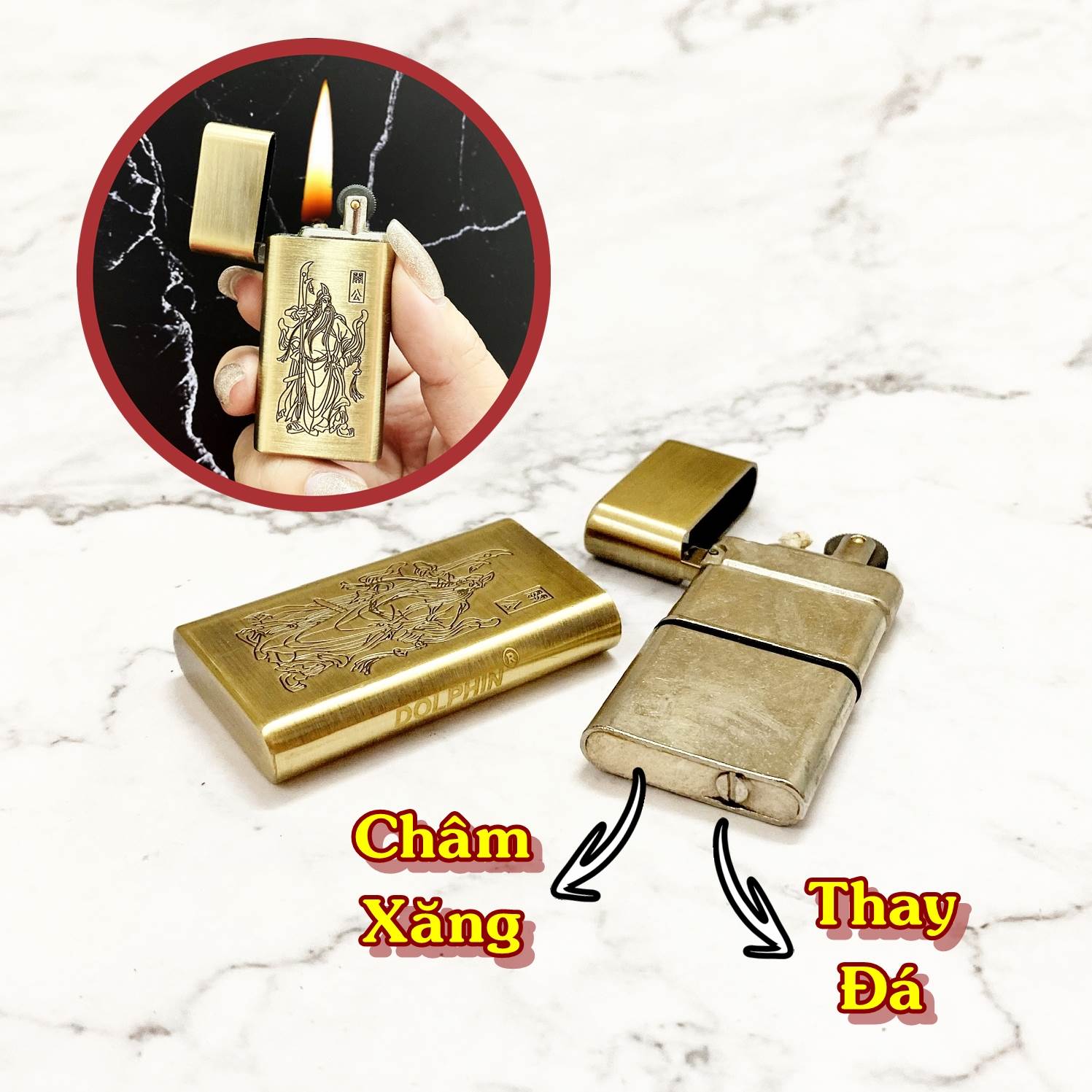 BẬT LỬA SLIM - DOLPHIN XĂNG ĐÁ CỔ 1 BÁNH XE HÌNH QUAN CÔNG - (XÀI XĂNG)